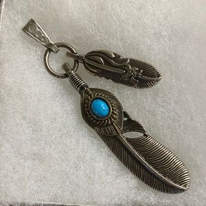 Large Boho Silver Feather Pendant w/ Turquoise Stone | Tribal Southwest Style